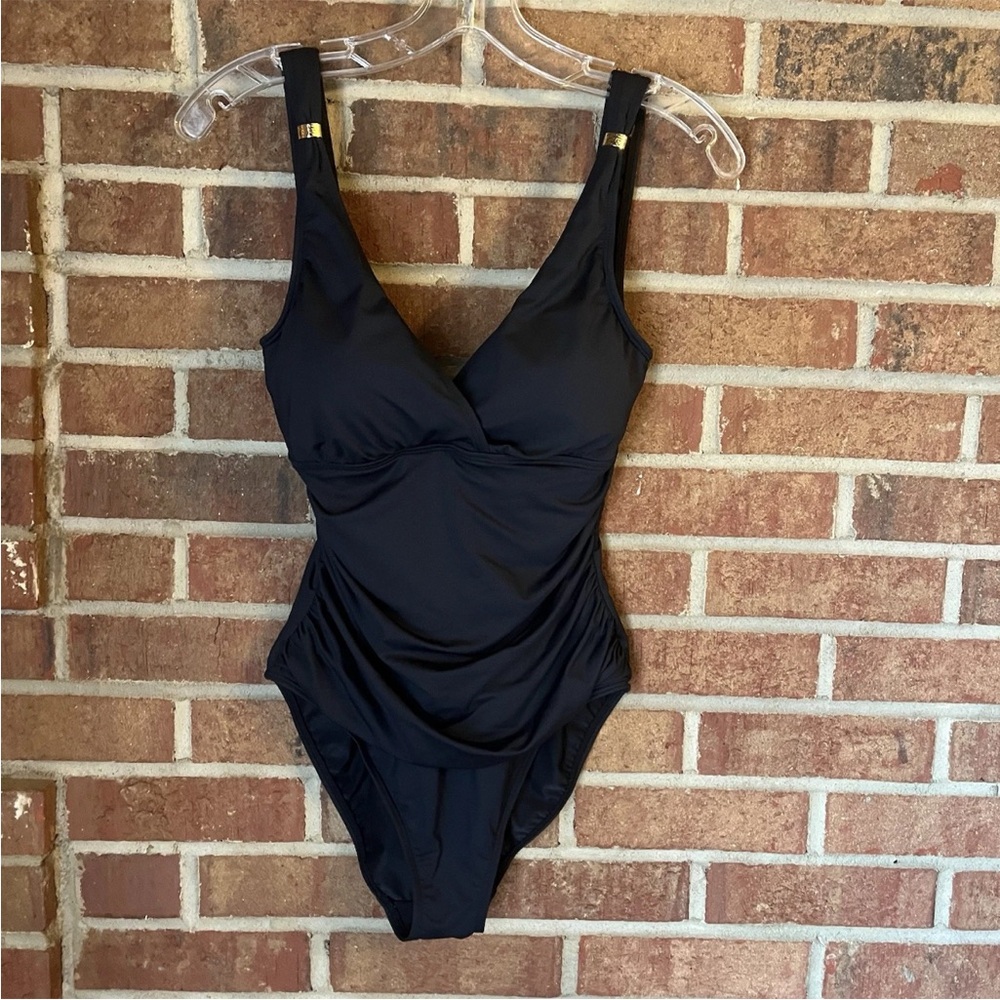 Lauren Ralph Lauren Black One Piece Swimsuit Size 6 V neck Gold Accents NWOT
